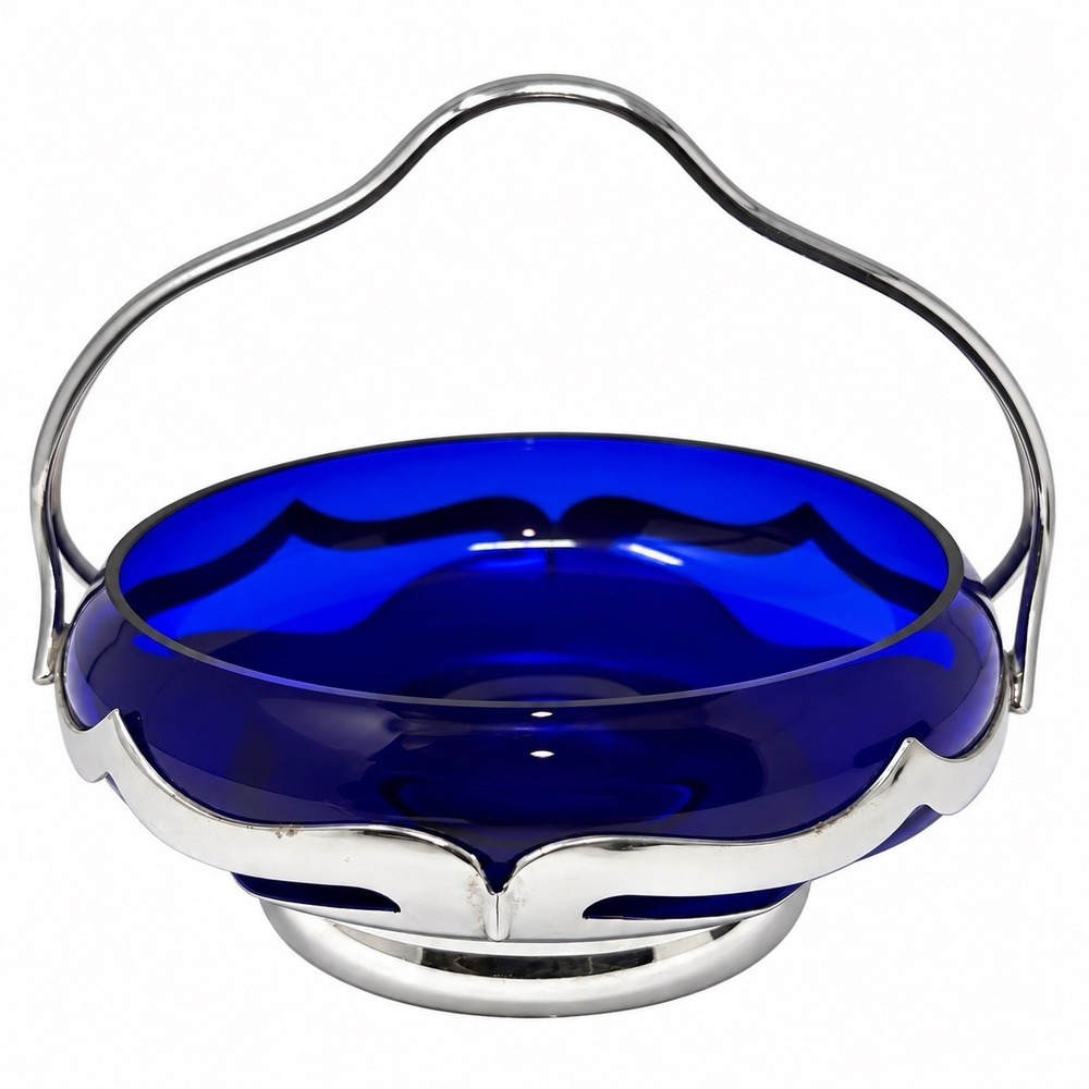 Vintage Farber Bros Cobalt Blue Glass Chrome Basket Bowl Art Deco